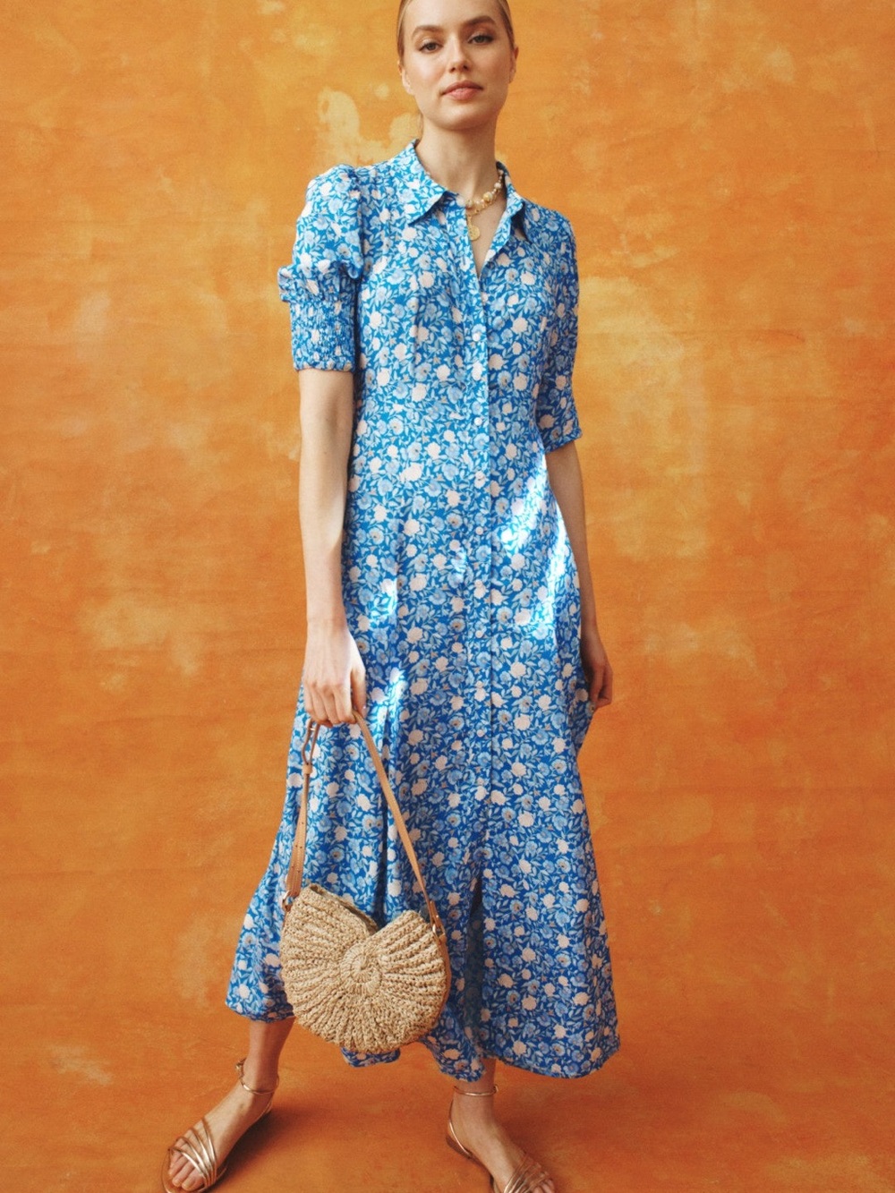 RIXO Blue Floral Maxi Shirt Dress